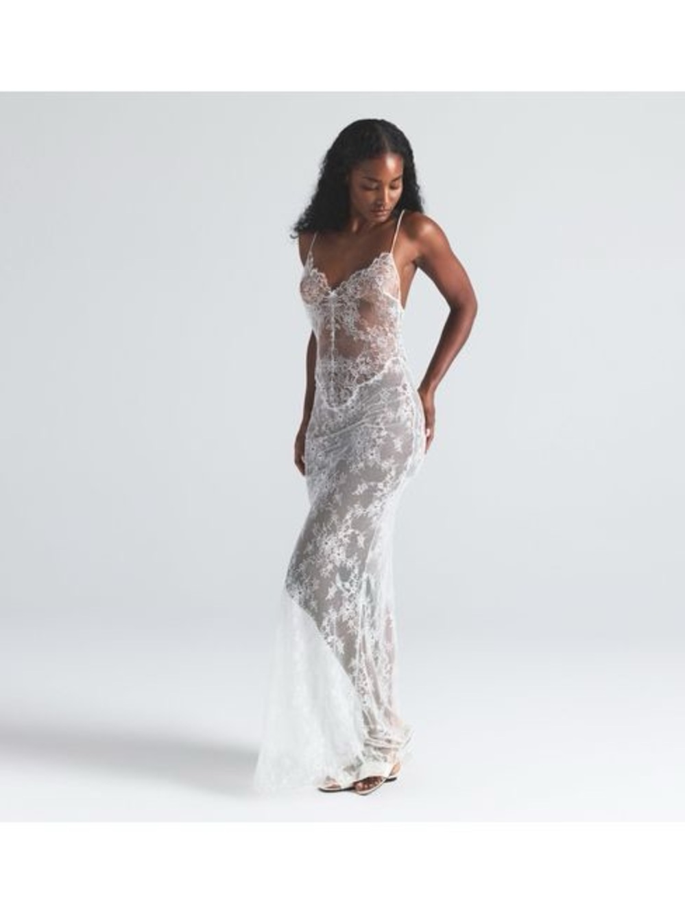 Skims Sheer Lace Slip Maxi Dress in White